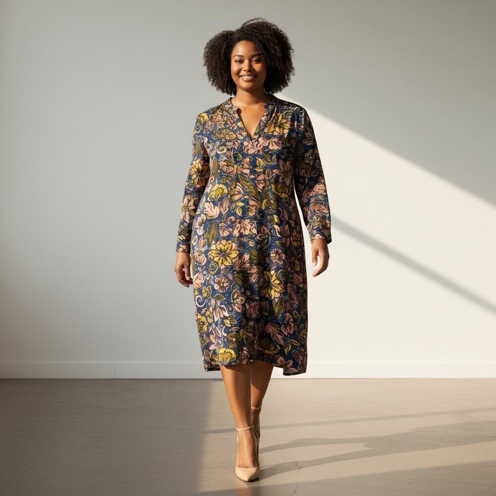 Jones New York Shirt Dress XL Floral Silky V Neck Long Sleeve